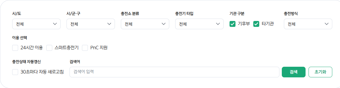 무공해차 통합누리집의 지역·충전기 유형 검색 필터