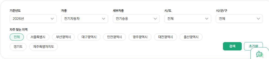 기준년도와 지역을 고르는 지자체별 보조금 조회 화면