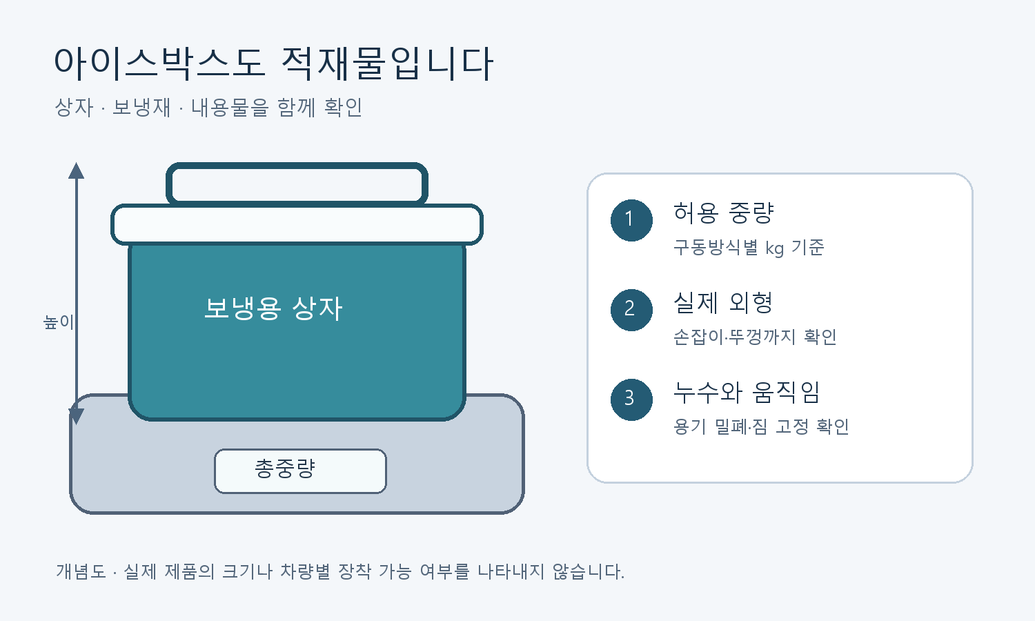 아이스박스의 총중량과 손잡이를 포함한 높이, 누수와 움직임을 확인하는 개념도